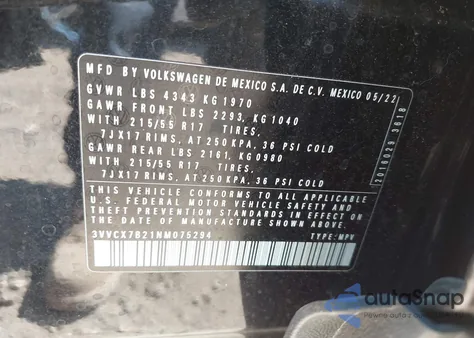 2022 Volkswagen Taos 1.5T S from USA, damaged, VIN 3VVCX7B21NM075294